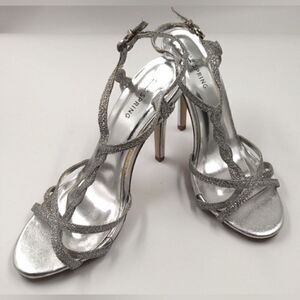 Silver Metallic High Heel Open Toe Shoe SZ 7 Party Holiday Strappy
